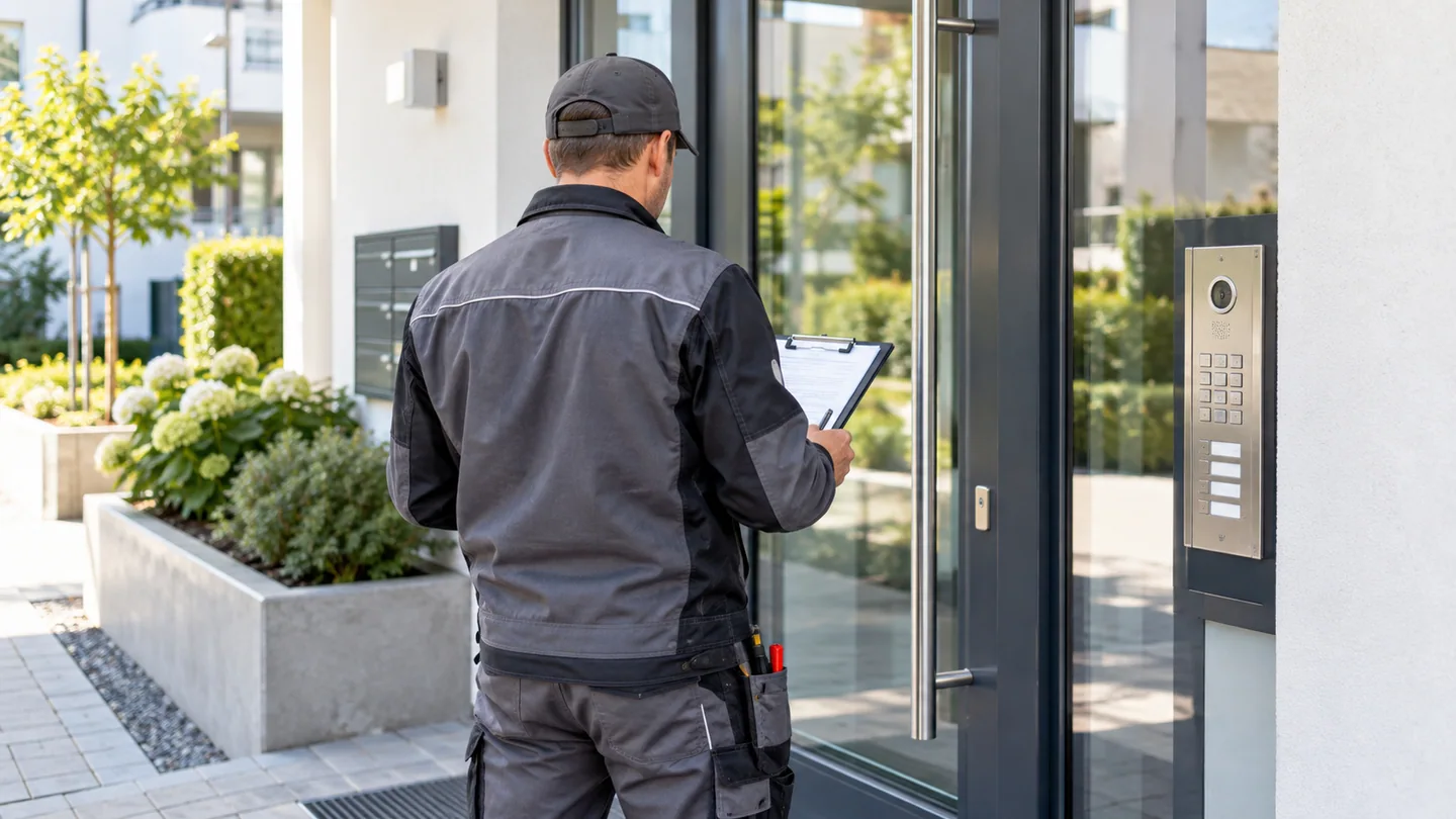 Hausmeister kontrolliert eine Eingangstür