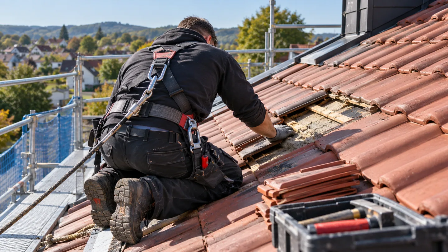 Gesicherter Dachdecker bei einer Reparatur